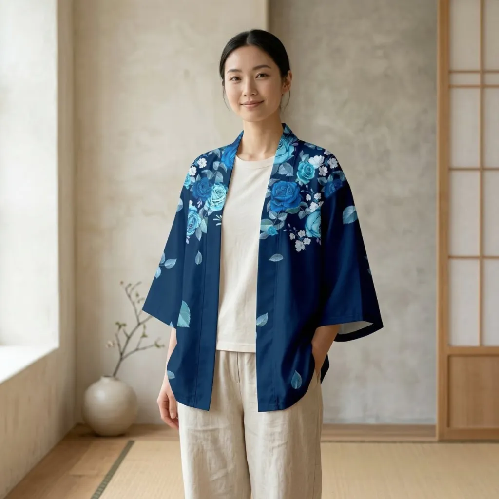 Women's Navy Blue Floral-Print Haori Jacket