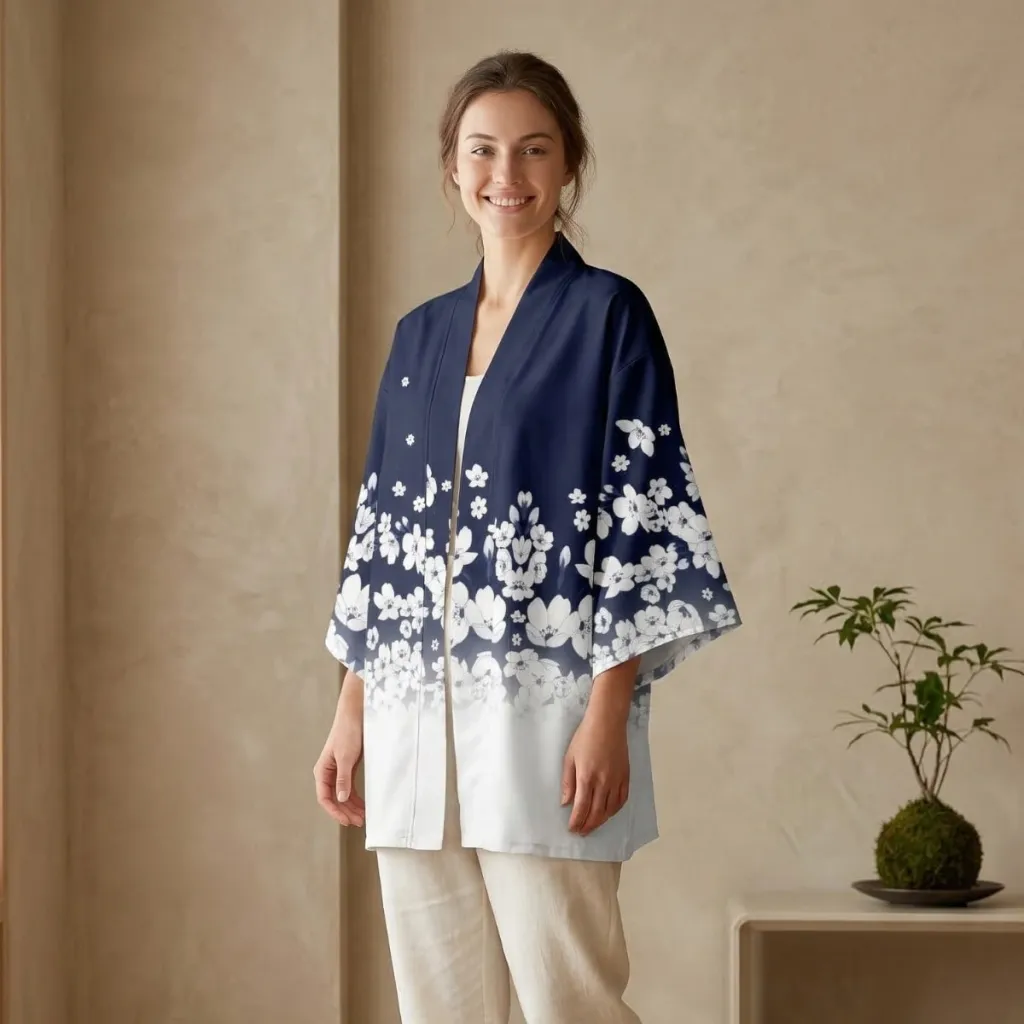 Women's Navy Blue and White Cherry Blossom Haori Jacket
