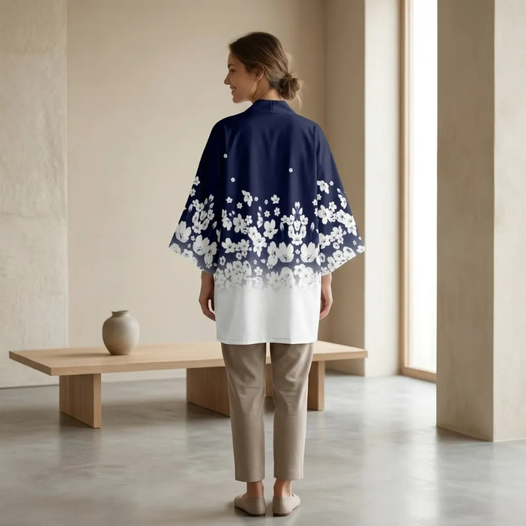 Women's Navy Blue and White Cherry Blossom Haori Jacket — a piece designed for serenity