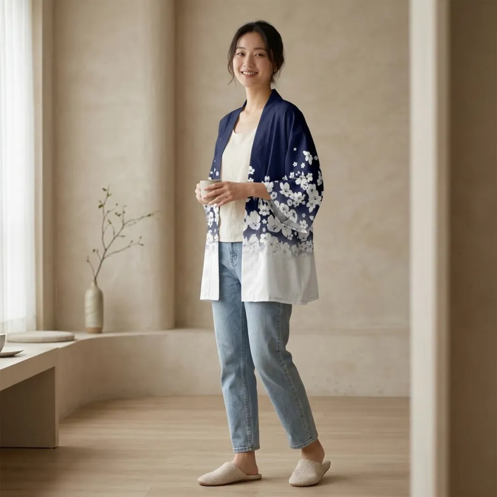 Women's Navy Blue and White Cherry Blossom Haori Jacket — where minimalism meets durability