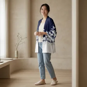 Women's Navy Blue and White Cherry Blossom Haori Jacket — view 3