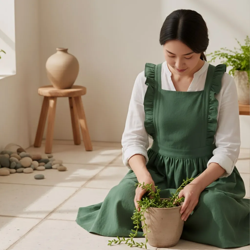 Women's Ruffled Linen Japanese Apron — flexible, beautiful styling