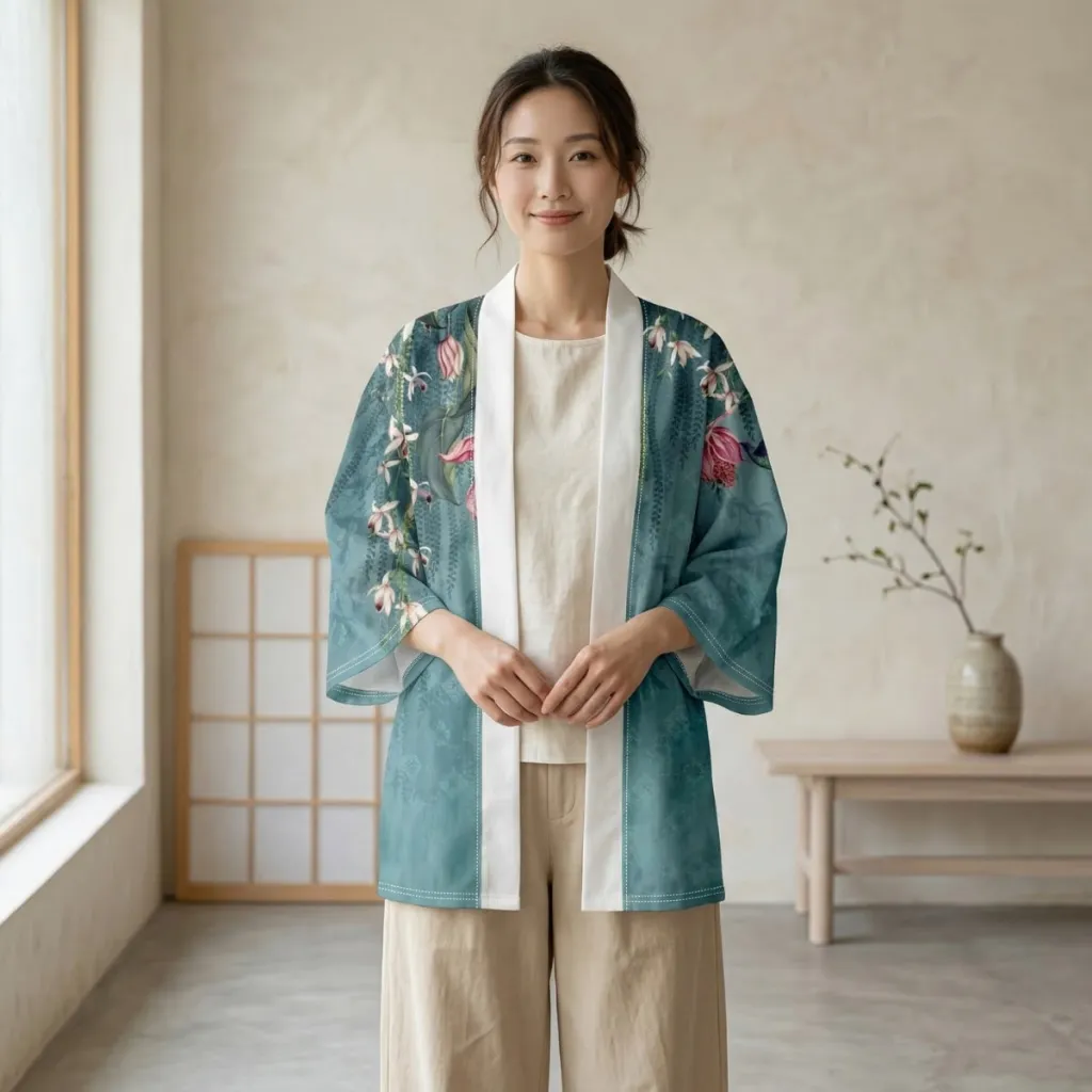 Women's Sage Green Floral-Print Haori Jacket