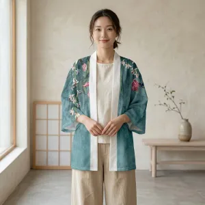 Women's Sage Green Floral-Print Haori Jacket — view 1