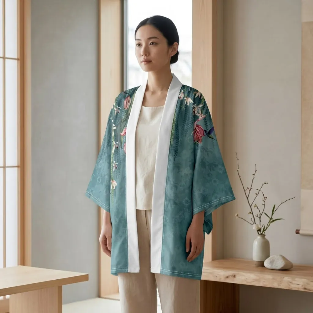 Women's Sage Green Floral-Print Haori Jacket — where minimalism meets durability