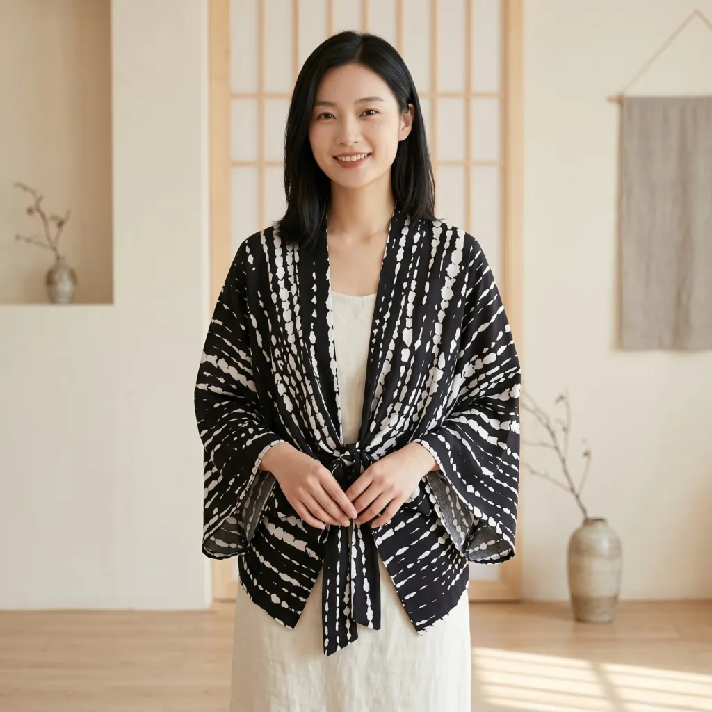 Women's Short Shibori Print Kimono in Black and White