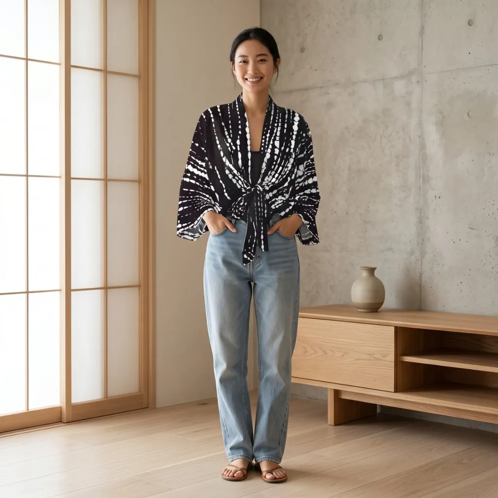Women's Short Shibori Print Kimono in Black and White — a piece designed for serenity