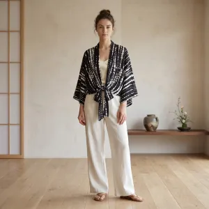 Women's Short Shibori Print Kimono in Black and White — view 3