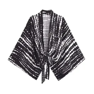 Women's Short Shibori Print Kimono in Black and White — view 4