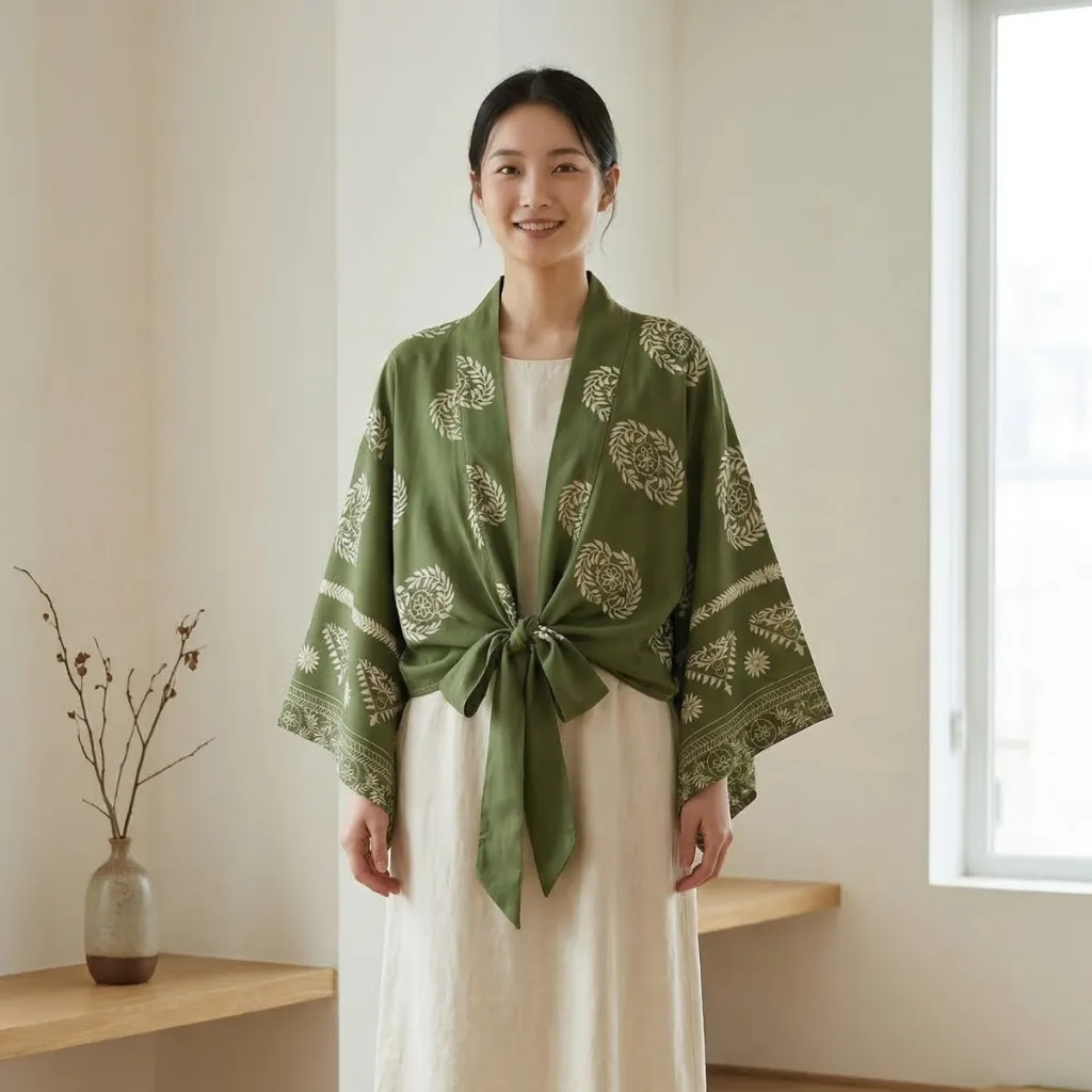 Women's Short Green Leaf-Print Kimono