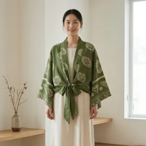 Women's Short Green Leaf-Print Kimono — view 1