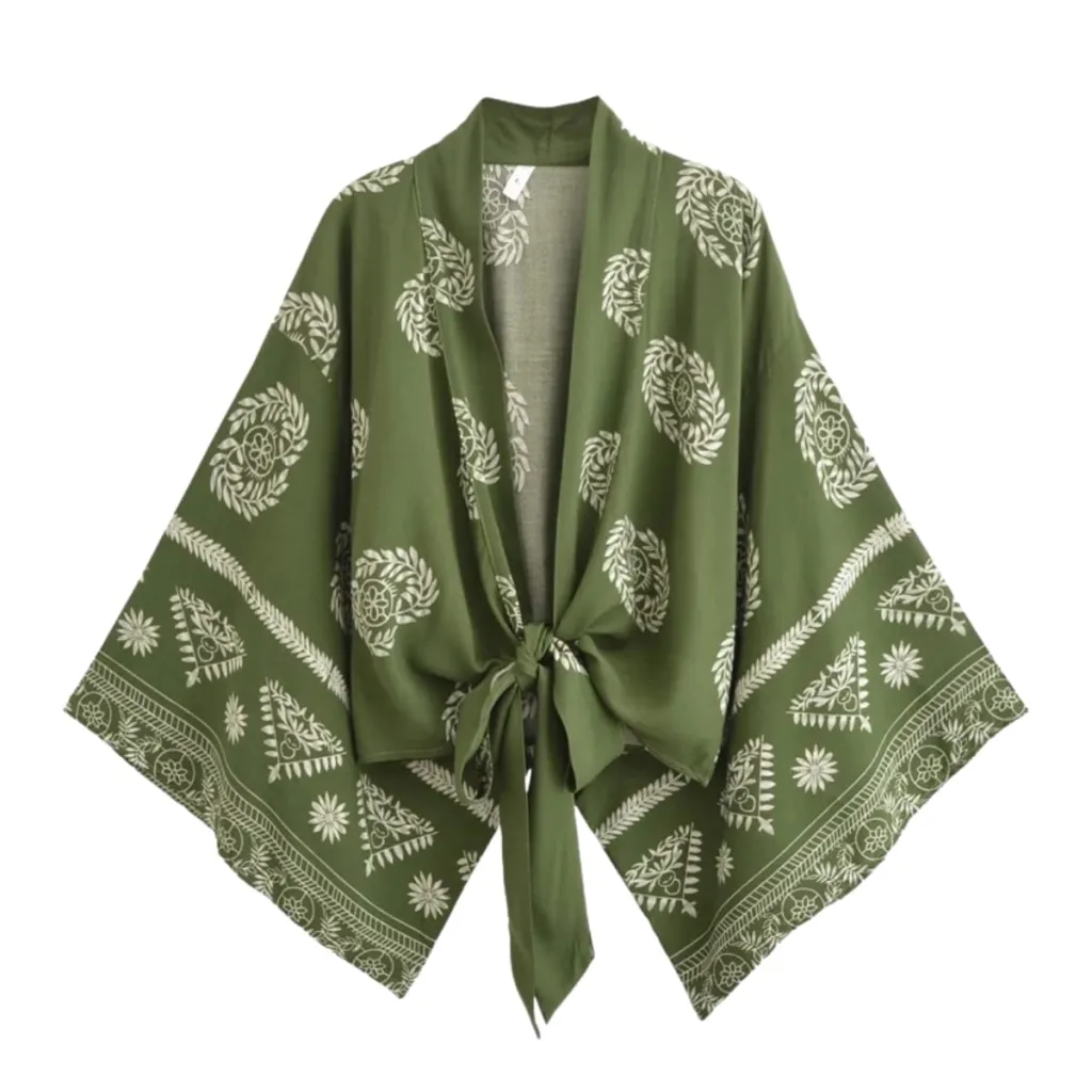 Women's Short Green Leaf-Print Kimono — a piece designed for serenity
