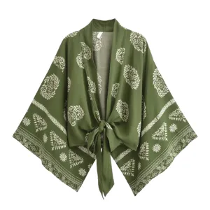 Women's Short Green Leaf-Print Kimono — view 2