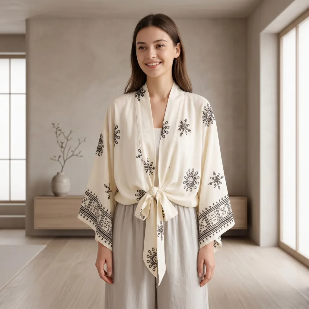 Women's Short Kimono with Ethnic Floral Print