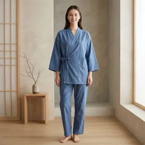 Women's Soft Blue Cotton Jinbei — view 1