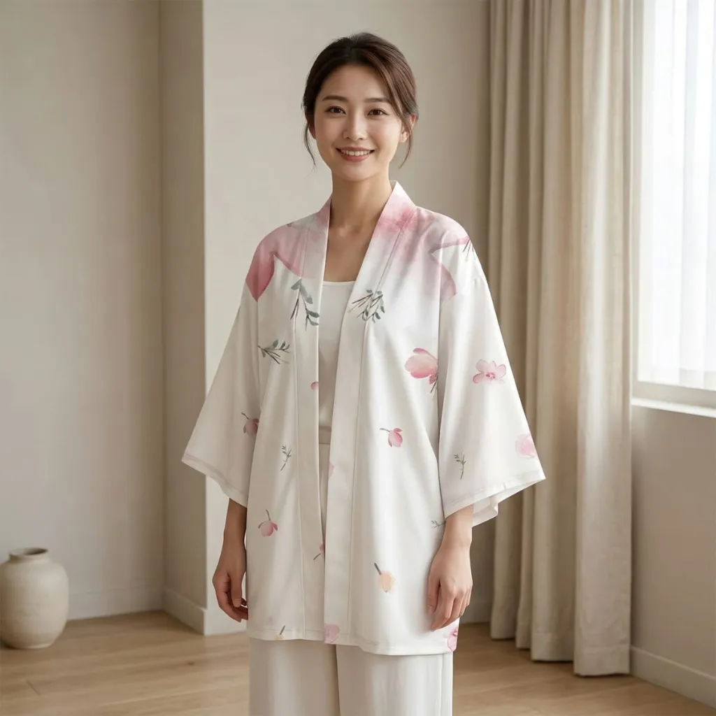Women's White Sakura-Print Haori Jacket