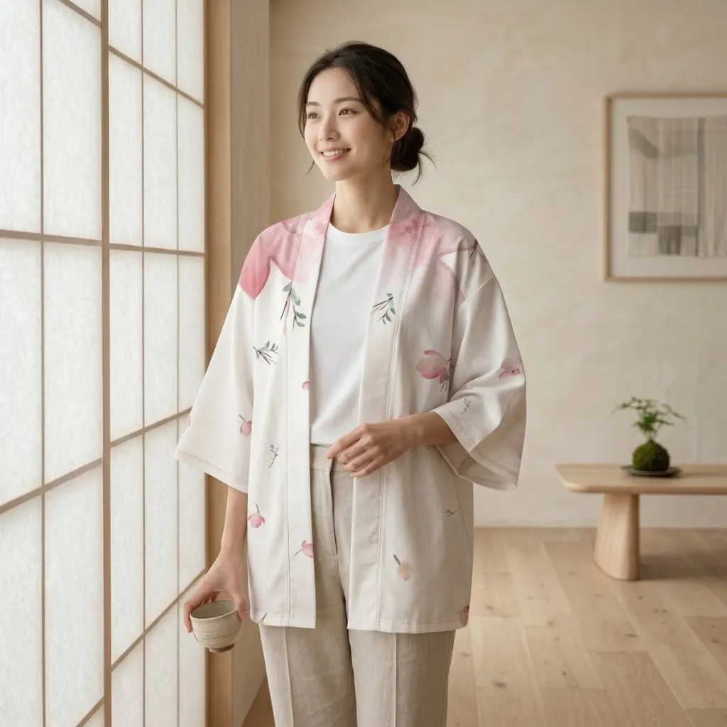 Women's White Sakura-Print Haori Jacket — where minimalism meets durability