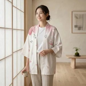 Women's White Sakura-Print Haori Jacket — view 3