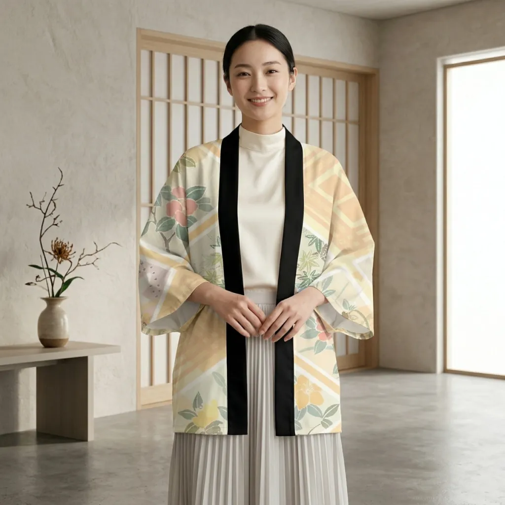 Women's Yellow Haori Jacket with Zen Floral Print
