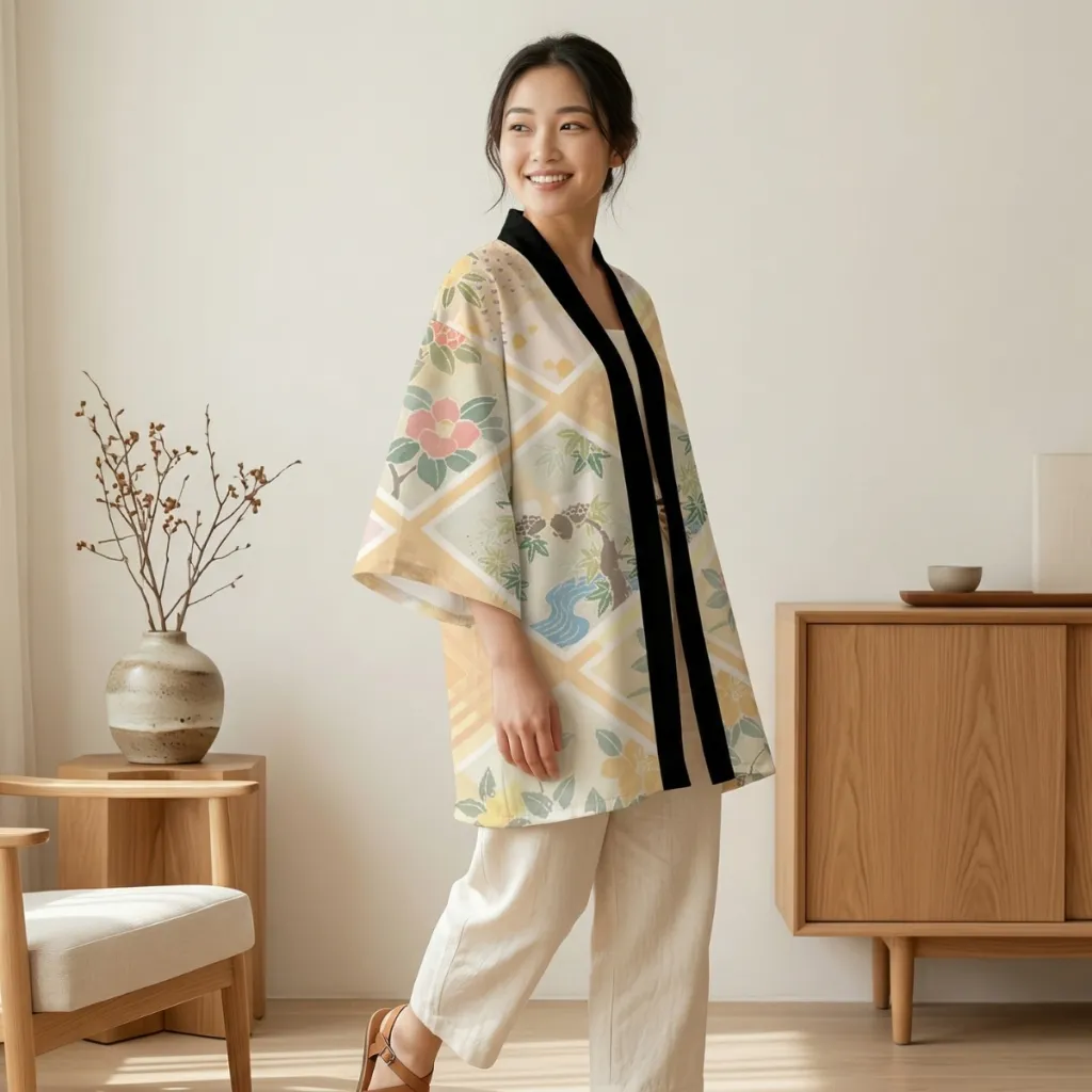 Women's Yellow Haori Jacket with Zen Floral Print — flexible, beautiful styling
