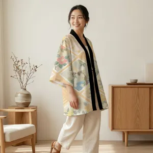 Women's Yellow Haori Jacket with Zen Floral Print — view 4