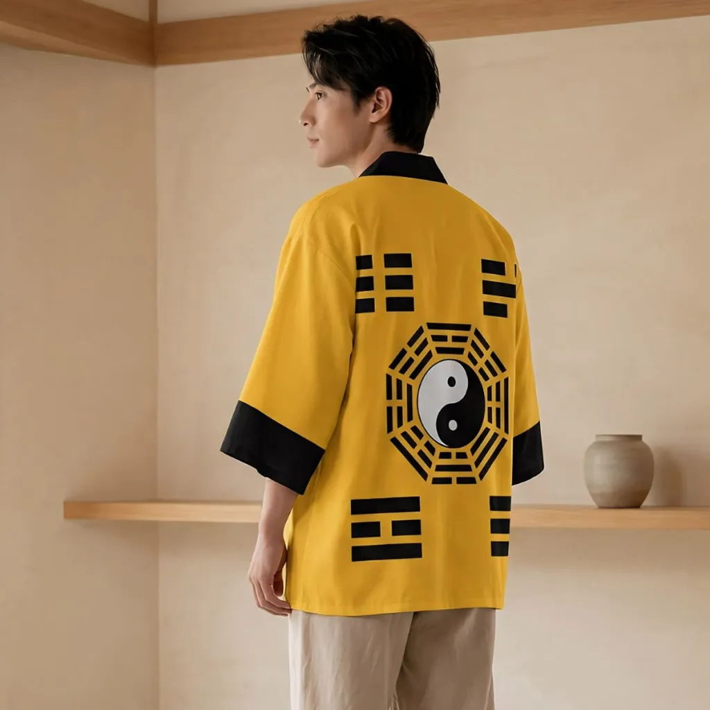 Yellow Men's Haori Jacket with Yin Yang Symbol