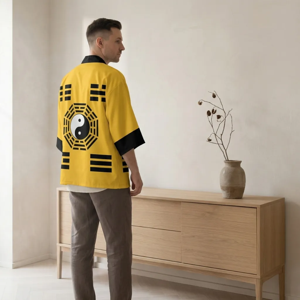 Yellow Men's Haori Jacket with Yin Yang Symbol — a piece designed for serenity