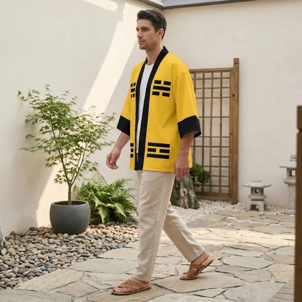 Yellow Men's Haori Jacket with Yin Yang Symbol — flexible, beautiful styling