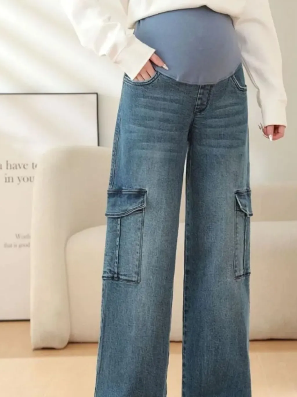 Blue Cargo-Style Maternity Jeans with Utility Pockets — a pair designed to be worn everywhere