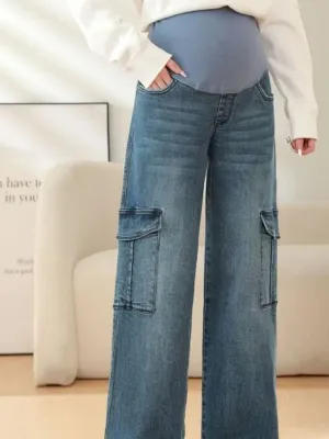 Blue Cargo-Style Maternity Jeans with Utility Pockets — view 2
