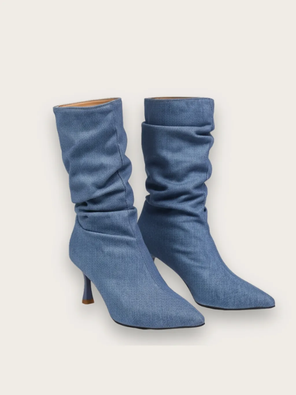 Blue Denim Ruched Pointed-Toe Boots