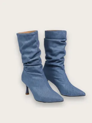 Blue Denim Ruched Pointed-Toe Boots — view 1