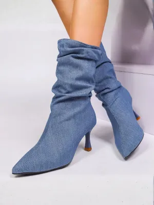 Blue Denim Ruched Pointed-Toe Boots — view 3
