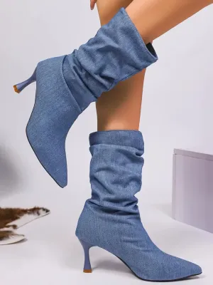 Blue Denim Ruched Pointed-Toe Boots — view 4