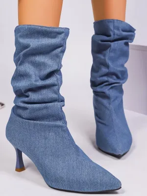 Blue Denim Ruched Pointed-Toe Boots — view 5