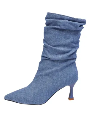 Blue Denim Ruched Pointed-Toe Boots — view 6