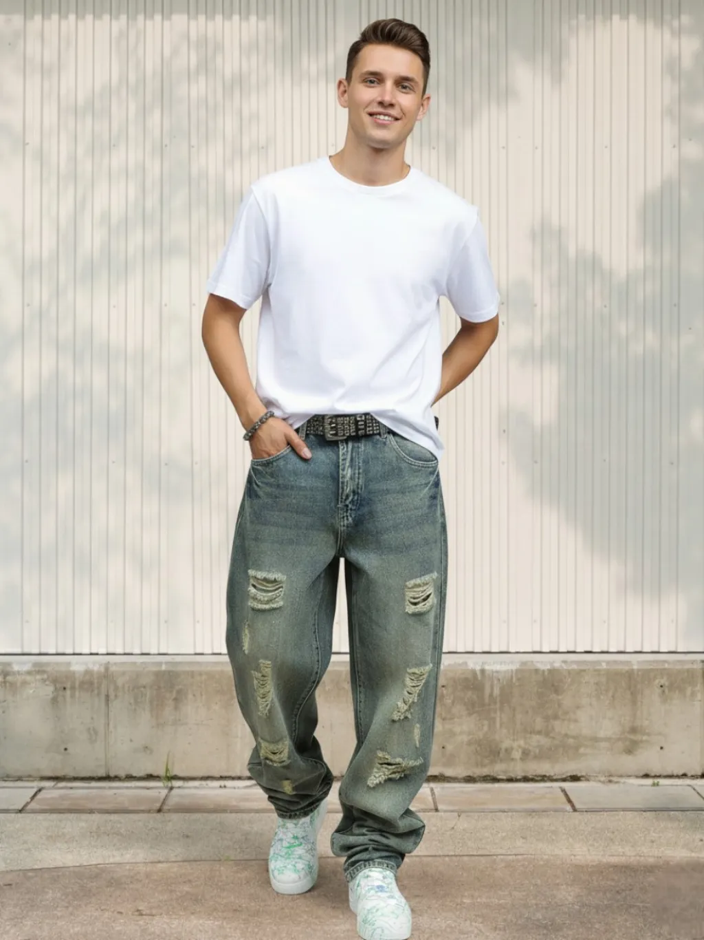 Blue Washed Distressed Baggy Jeans in Sturdy Denim
