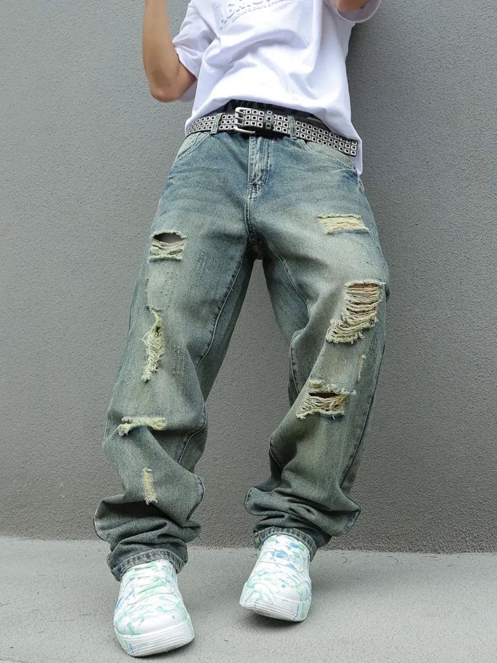 Blue Washed Distressed Baggy Jeans in Sturdy Denim — quality denim, made to last