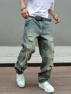 Blue Washed Distressed Baggy Jeans in Sturdy Denim — view 6