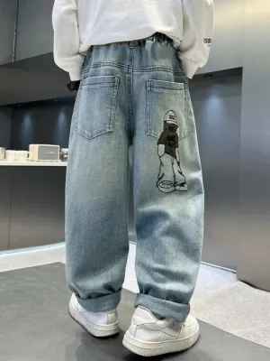 Boys' Blue Baggy Jeans with Embroidered Character — view 4