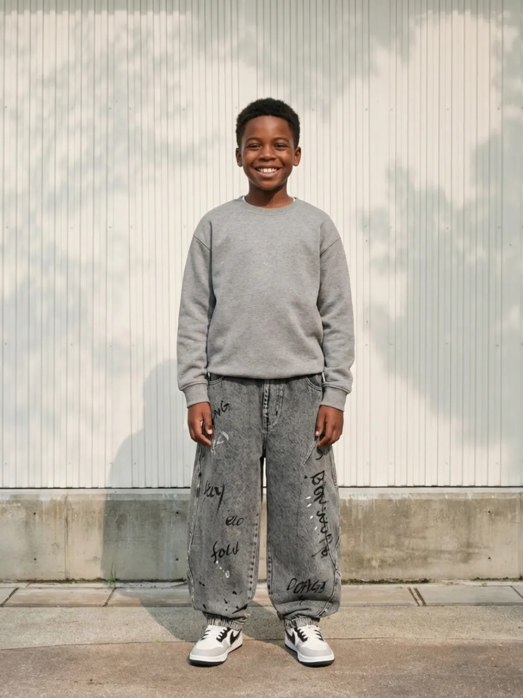 Boys' Grey Baggy Jeans with Graffiti Print