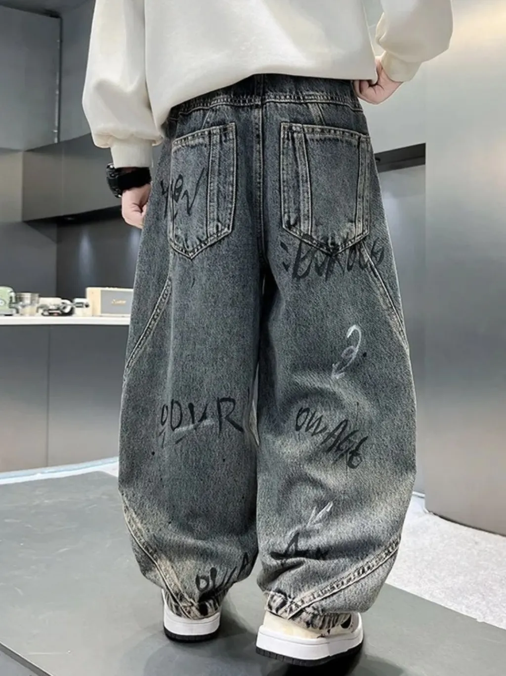 Boys' Grey Baggy Jeans with Graffiti Print — quality denim, made to last