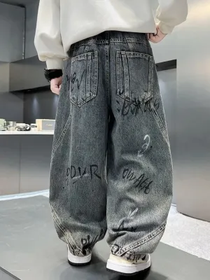 Boys' Grey Baggy Jeans with Graffiti Print — view 3
