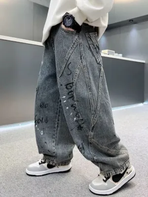 Boys' Grey Baggy Jeans with Graffiti Print — view 5
