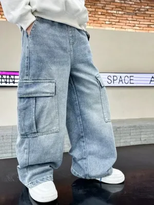 Boys' Light Blue Baggy Jeans with Cargo Pockets — view 2