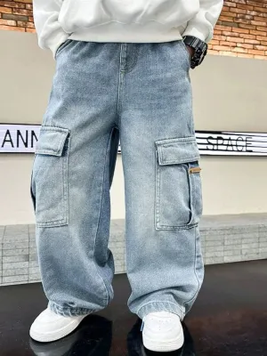 Boys' Light Blue Baggy Jeans with Cargo Pockets — view 4
