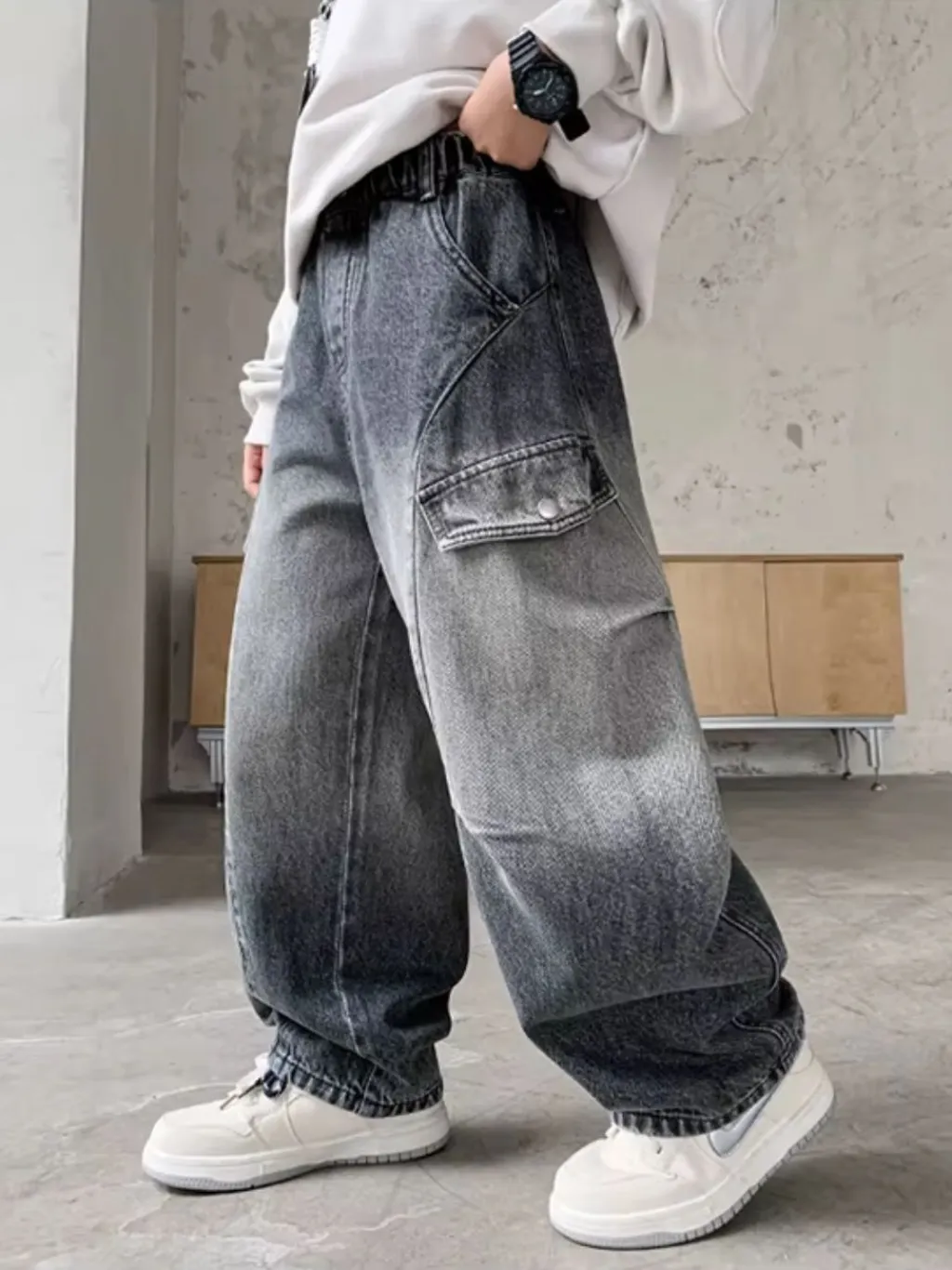 Boys' Baggy Jeans with Ombré Grey Washed Effect — a pair designed to be worn everywhere