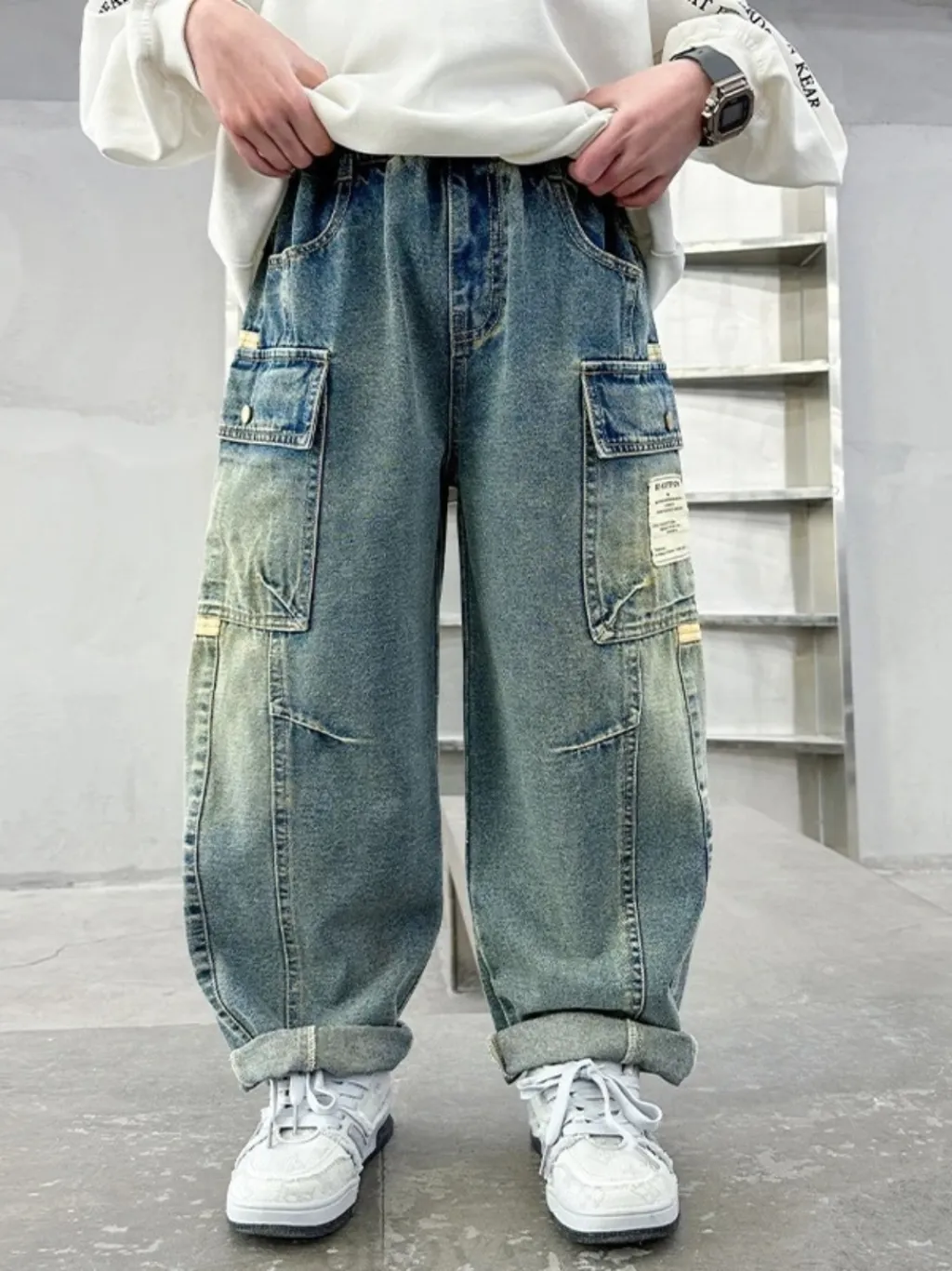 Boys' Washed Baggy Jeans with Cargo Pockets — a pair designed to be worn everywhere