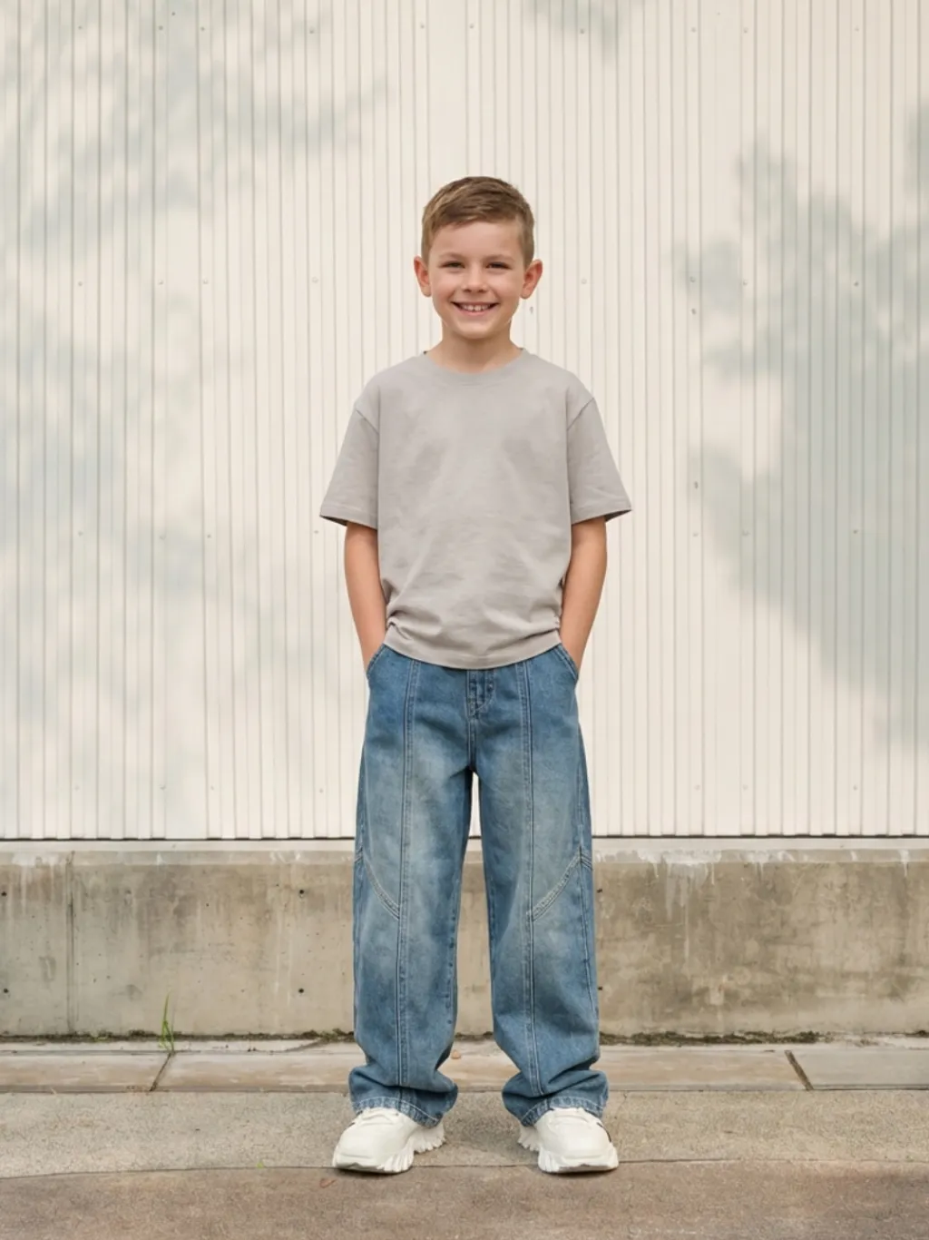 Boys' Washed Blue Baggy Jeans with Structured Seams
