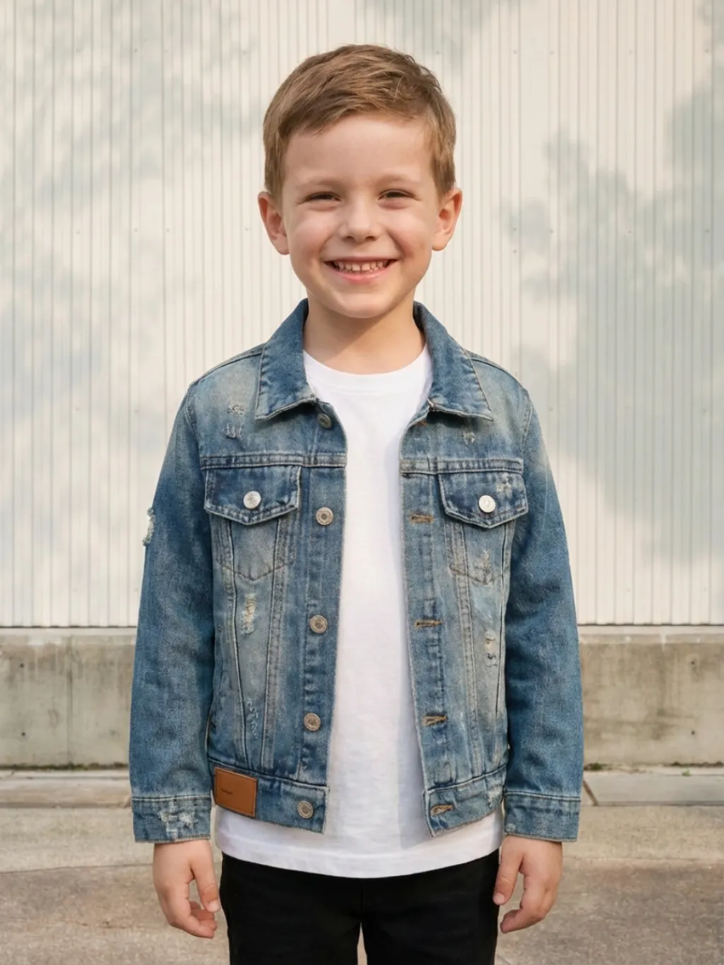 Boys' Washed Denim Jacket with Distressed Effect